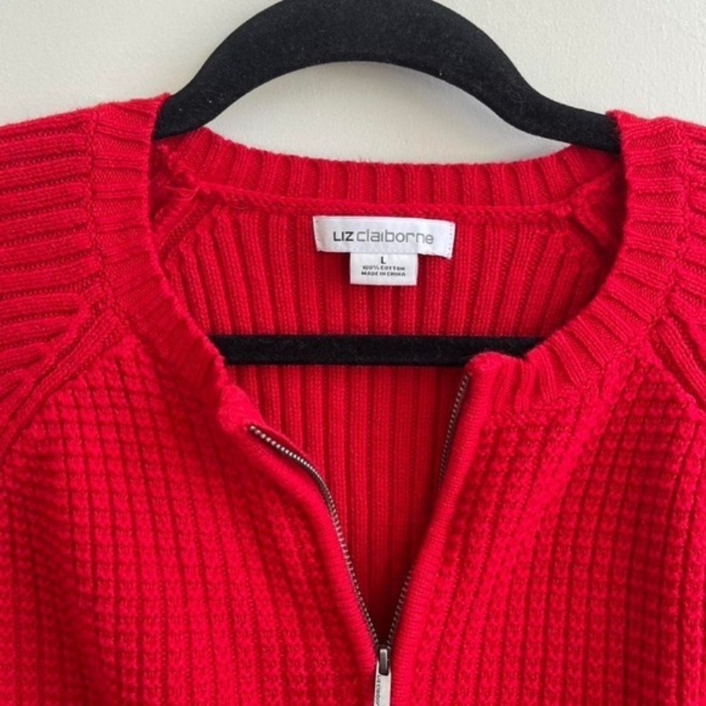 Liz Claiborne Cardigan Womens L Red Waffle Knit Full Zip Cotton Sweater - Picture 2 of 4